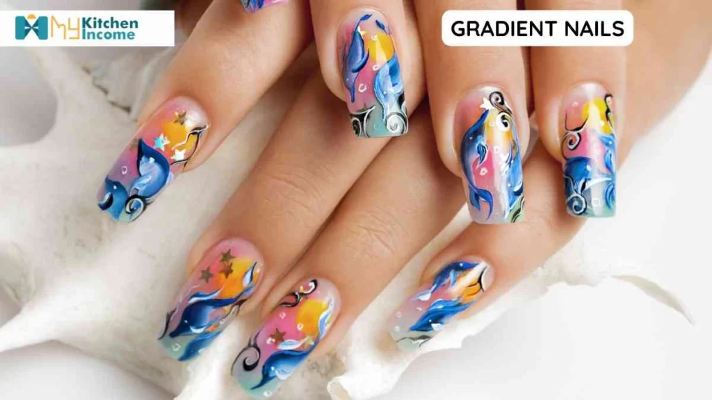 Gradient Nails with an art that resembles dolphin
