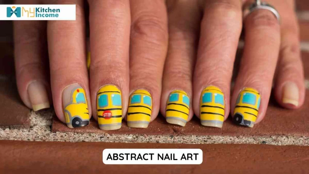 Abstract Nail Art idea showing a school bus 